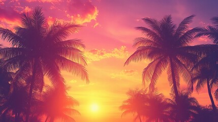Palm Trees at Sunset: A picturesque scene of tall, slender palm trees silhouetted against a vibrant and warm sunset sky, creating a sense of tranquility and tropical paradise. 