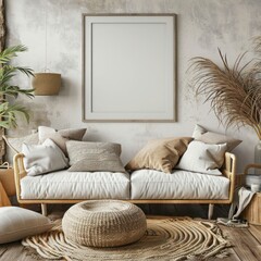 Mockup of a picture frame in a boho chic living room, perfect for showcasing designs in a cozy and fashionable decor.