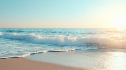 Golden Hour Serenity: Tranquil ocean waves gently caress the sun-kissed shore as a breathtaking sunset paints the sky in hues of gold and azure. 