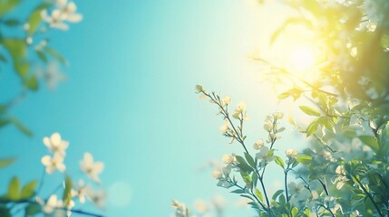 Spring's Gentle Embrace: White blossoms reach for a radiant sun against a vibrant blue sky, capturing the essence of springtime serenity and renewal. 