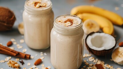 Banana almond smoothie with cinnamon and oat flakes and coconut milk in glass jars