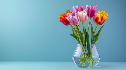 Beautiful and colorful tulips in a glass vase on blue background