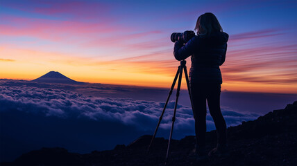 富士山頂で自撮りする女性カメラマン