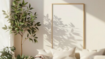 Contemporary Living Room Decor: Poster Frame in Modern Minimalism Style, Pastel Light Beige Background, Green Branch Accent.