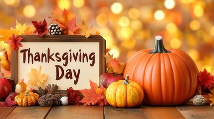  "Thanksgiving" banner with pumpkins, squash, nuts and berries, autumn leaves. background backdrop