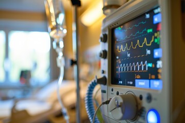 Heart monitor displaying vital signs in a hospital room during early morning hours with soft light filtering through the window. Generative AI