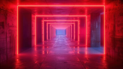Fototapeta premium Craft a visual of red neon lights illuminating a modern concrete corridor, evoking a futuristic atmosphere