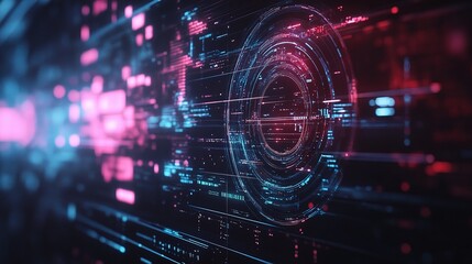 Cybernetic Symphony: A mesmerizing spectacle of data visualization, with vibrant blue and pink hues illuminating a complex network of digital information. 