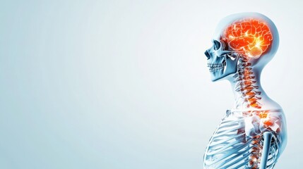 Obraz premium Detailed Watercolor 3D Human Skeleton Model with Fractures and Copy Space, Flat Design Illustration