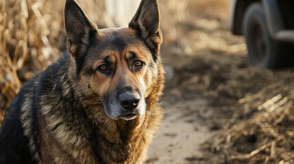 Fototapeta premium Close-Up of a Large Working Dog Next to a Dusty Rural Path with Open Space for Text