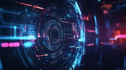 Obraz premium Digital Core: A mesmerizing abstract digital art piece, featuring swirling neon blue and red lines, and glowing circles, evoking a sense of futuristic technology and data flow. 