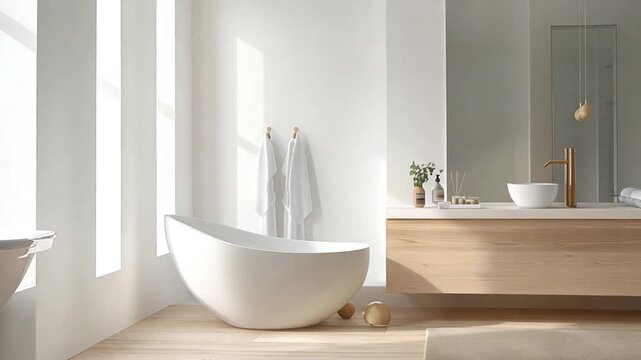 Simple and modern bathroom with white and beige wood details,