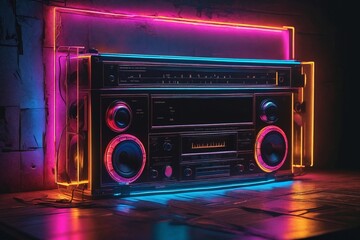 Fototapeta premium Retro Boombox with Neon Lights