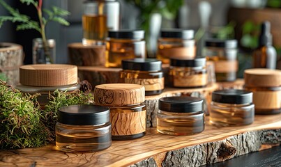 spa natural organic cosmetics packaging design set of transparent glass bottles moisturizer cream in wooden jars tree branch birch bark,moss on background.