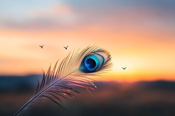Sacred beautiful peacock feather as symbol of Hindu god Lord Krishna on sunset. Krishna Janmashtami, Govardhan Puja. Indian culture and religious concept. Background with copy space for banner, poster