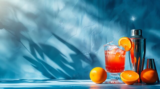 Campari cocktail with fresh oranges a shaker and a jigger on blue background