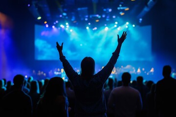 A joyous crowd revels in vibrant lights at a lively concert in an energetic venue during an unforgettable night of music and celebration. Generative AI