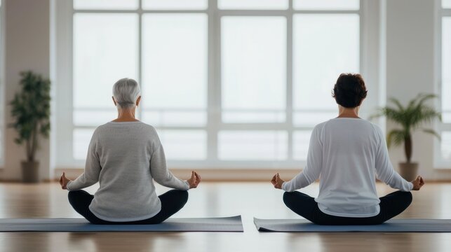 Senior couple sitting on yoga mats in a bright spacious room and practicing morning yoga routines The peaceful and relaxing scene showcases their healthy lifestyle and wellness activities