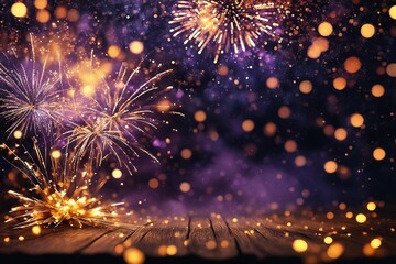 Fototapeta premium Fireworks and Sparklers on Wooden Table against Dark Background