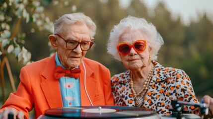 Portrait of senior couple enjoying a peaceful moment together listening to old vinyl records on a vintage turntable in the comfort of their cozy warm living room