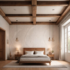 Embrace the rustic charm of a cozy bedroom with wooden beams and warm tones, perfect for themes related to interior design, comfort, and relaxation.