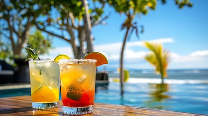Obraz premium Cocktails by the pool with beach in the background