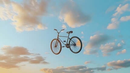 Fototapeta premium Floating Bicycle in Mid Air with Cloudy Sky Background
