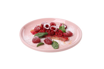 PNG, Piece of berry pie with raspberries on plate, isolated on white background