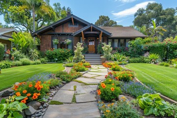Fototapeta premium Charming Bungalow with Lush Front Yard Landscaping and Circular Stone Path
