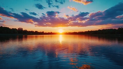 Obraz premium Golden Hour Tranquility: A captivating sunset casts warm hues across a serene lake, its fiery glow mirrored in the tranquil water below. 