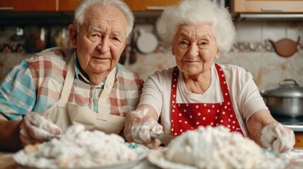 Senior Couple Baking Cookies and Cakes Together in Their Cozy Home Kitchen with Warm Smiles and Homely Atmosphere