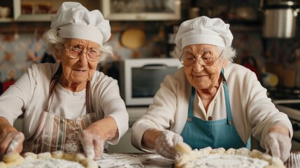 Two Elderly Grandparents Baking and Preparing Delicious Homemade Cookies and Cakes in Their Warm and Cozy Kitchen Sharing a Joyful Moment of Togetherness and Tradition