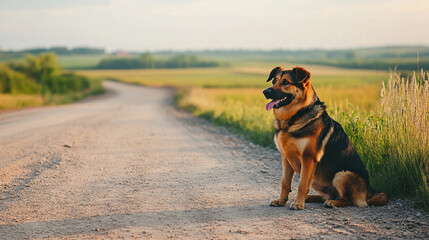 Big Dog Sitting Next to a Dusty Rural Road with Open Space for Text