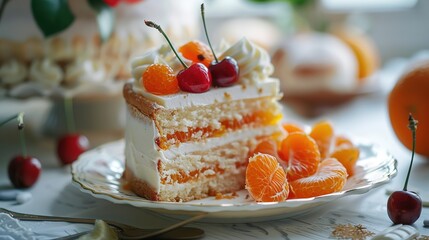 Cream tangerine mandarins and orange cherry cake on white plate in Croatia.