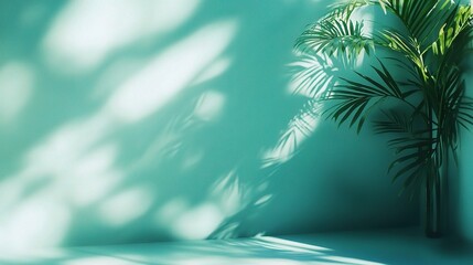 Obraz premium Tropical Shadows Dance: Lush palm leaves cast intricate shadows on a vibrant teal wall, creating a serene and refreshing oasis of light and texture.