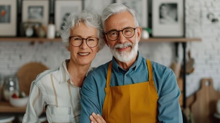 Happy Senior Couple Organizing and Preserving Old Family Photo Albums Together in Cozy Living Room Interior with Shelves and Frames on the Wall