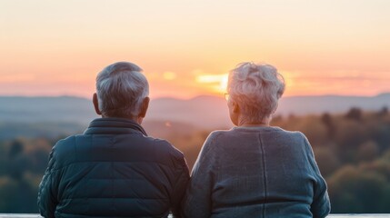 Senior Couple Enjoying the Tranquil Moment of Sunset from the Comforts of Their Countryside Porch with a Picturesque Mountain Landscape in the Background