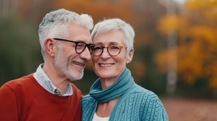 A cheerful retired senior couple enjoying a peaceful moment together sharing stories and memories while embracing in an autumnal park setting with a warm cozy atmosphere