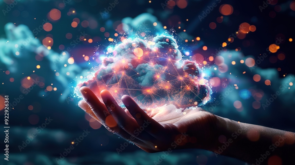 Poster spectacular data sharing software development and cloud computing as main topics symbolizes