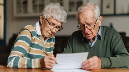 Senior couple sitting at their home desk carefully writing personal letters to family and friends conveying a sense of cherished tradition meaningful connections