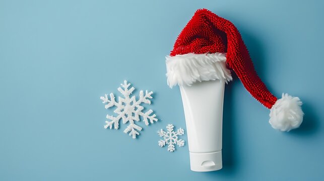 Cosmetic medical white tube for cream ointment or other product in red Santa Claus hat and white snowflake on blue background
