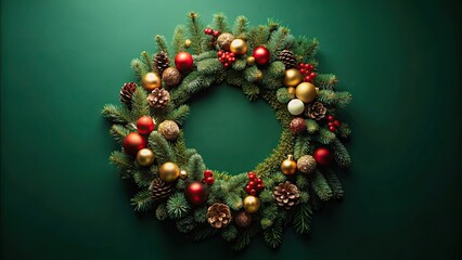 Fir wreath decorated with Christmas decor on a deep green background, fir, wreath, Christmas, decor, holiday, green