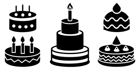 Birthday cake icons. Set of silhouette birthday cake icon vector art illustration.
