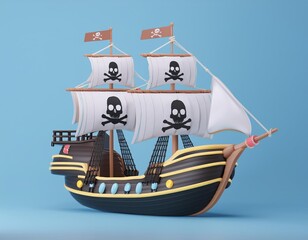 3D cartoon pirate ship with skull and crossbones sails, 3D render