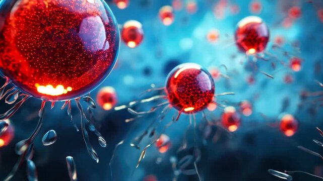 Nanotechnology in drug delivery, nano-bots interacting with human cells, precise targeting, medical illustration