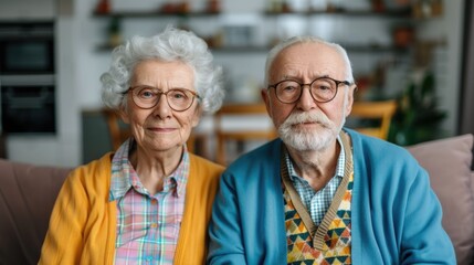 Senior couple sitting together and creating scrapbooks by adding photos and stickers  The image has a deep depth of field creating a cozy and intimate atmosphere