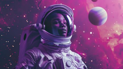 An astronaut stares in wonder at colorful planets within a stunning cosmic background