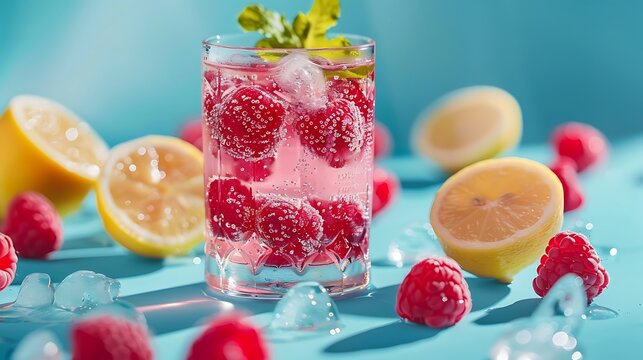 Delicious raspberry lemonade made with soda water on blue background
