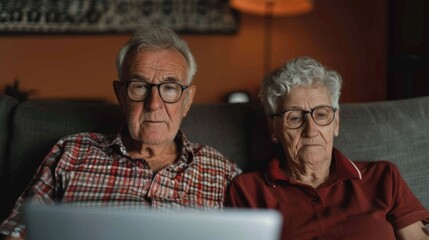Elderly Couple Sitting on Couch Hosting Video Calls With Family Members Using Laptop in Comfortable Home Environment  Concept of Connectivity Communication and Lifelong Relationships