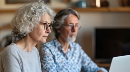 A senior couple sitting together on a couch using a laptop to host a video call with their family members  They are smiling and appear engaged in the conversation